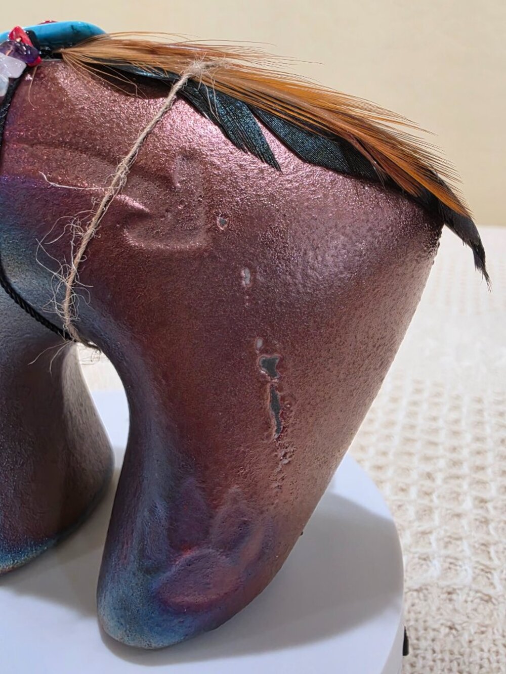 Jeremy Diller Raku Pottery Spirit Bear Fetish Figurine Turquoise Eye Feathers B2 - Picture 16 of 17